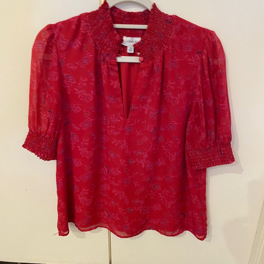 Vereve Red Floral Silk Blouse Smocked Neck Top